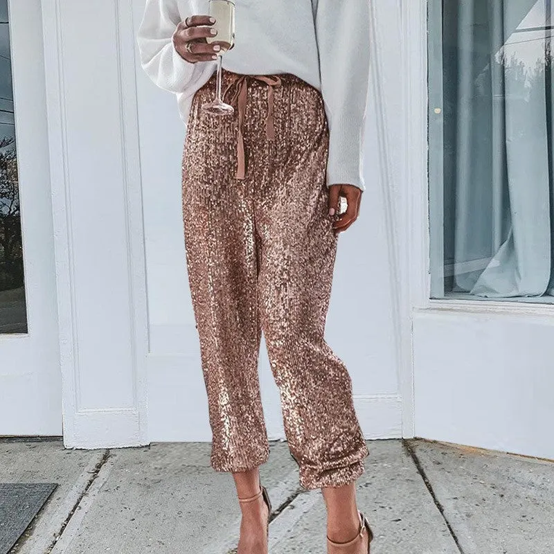 Womens Black Sequin Bling Legging Joggers Pencil Pants with Drawstring