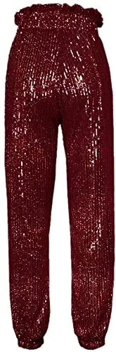 Womens Black Sequin Bling Legging Joggers Pencil Pants with Drawstring