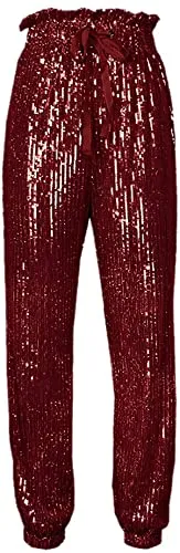 Womens Black Sequin Bling Legging Joggers Pencil Pants with Drawstring