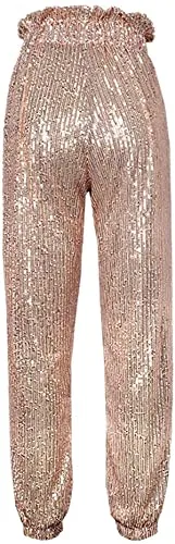 Womens Black Sequin Bling Legging Joggers Pencil Pants with Drawstring