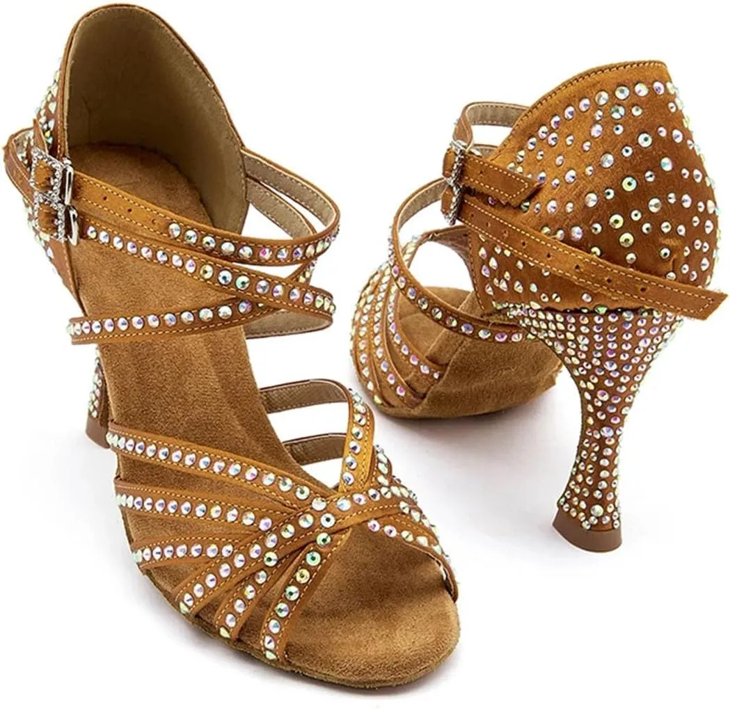 Women's Diamond Latin Dance Shoes - Soft Sole Salsa Rumba Party Sandals, 5CM/2Inch Heel Height