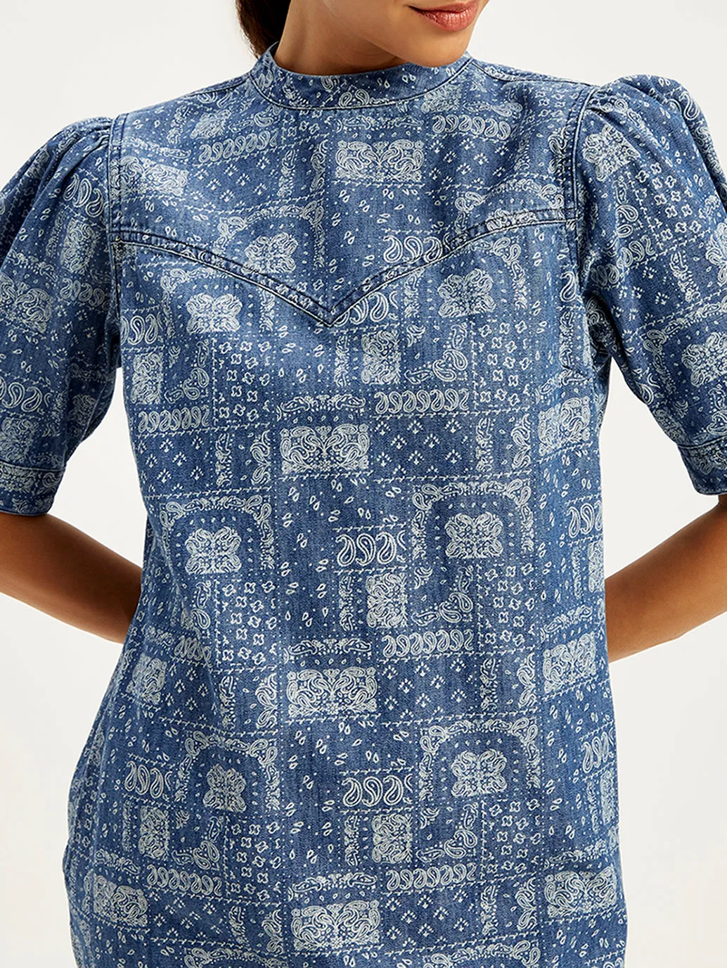 Women's Paisley Blue Band Neck Mini Dress