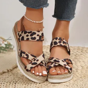 Women's Retro Leopard Cross Strap Wedge Sandals 41436833S