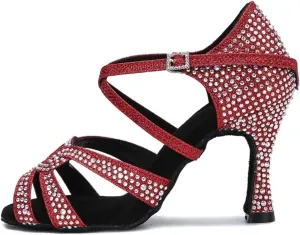 Women's Rhinestone Latin Dance Shoes - Tango Salsa Ballroom Red Wedding Sandals, 5CM/2Inch Heel Height
