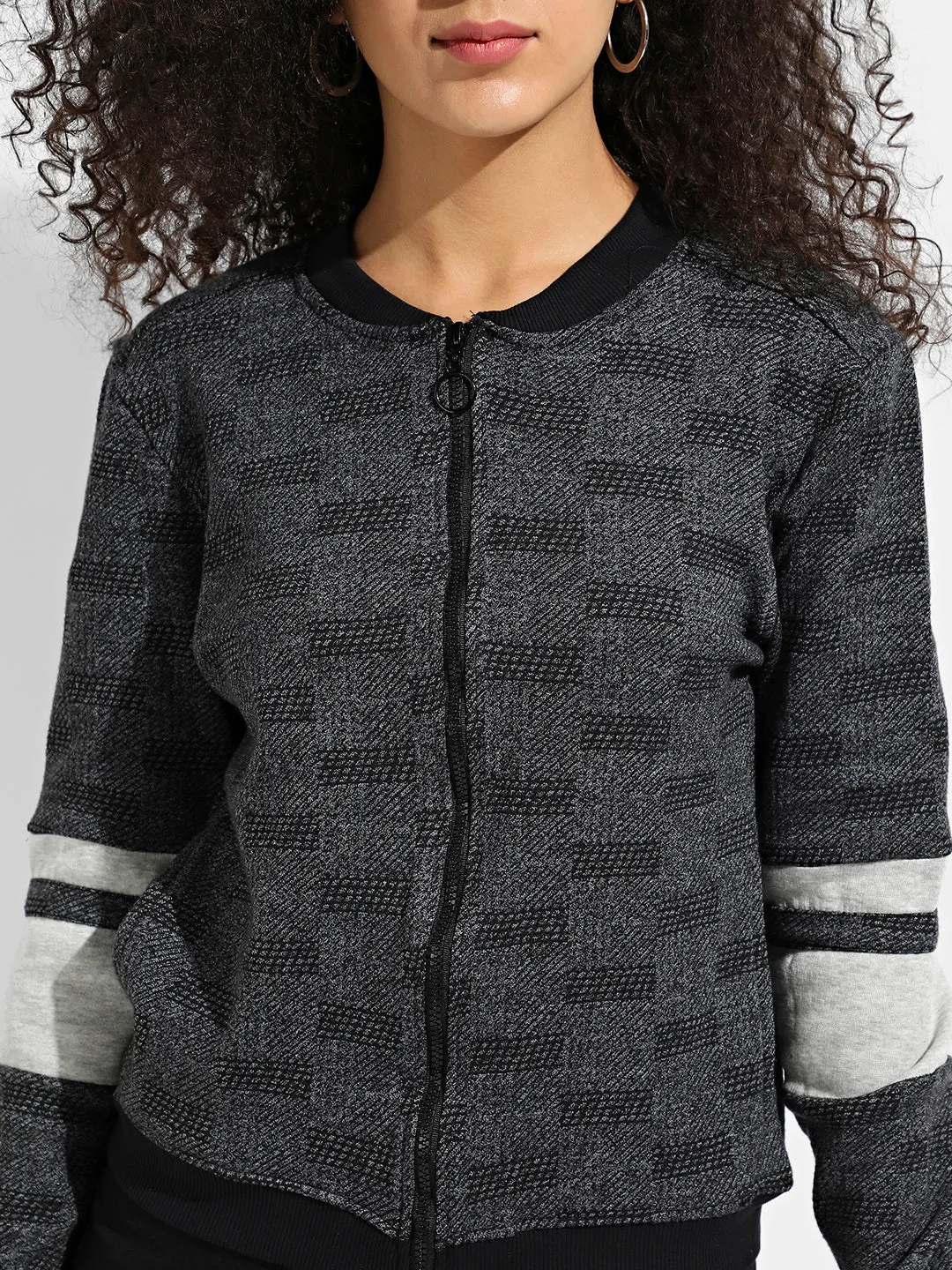 Zip-Front Textured Jacket With Contrast Stripe Sleeve